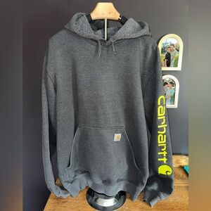 Carhartt Men's Charcoal Hooded Sweatshirt with Yellow Logo Sleeve